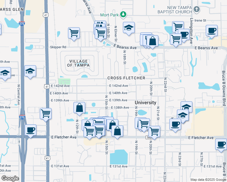 map of restaurants, bars, coffee shops, grocery stores, and more near 1509 East 142nd Avenue in Tampa