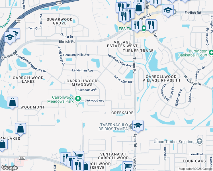 map of restaurants, bars, coffee shops, grocery stores, and more near 13925 Pathfinder Drive in Tampa
