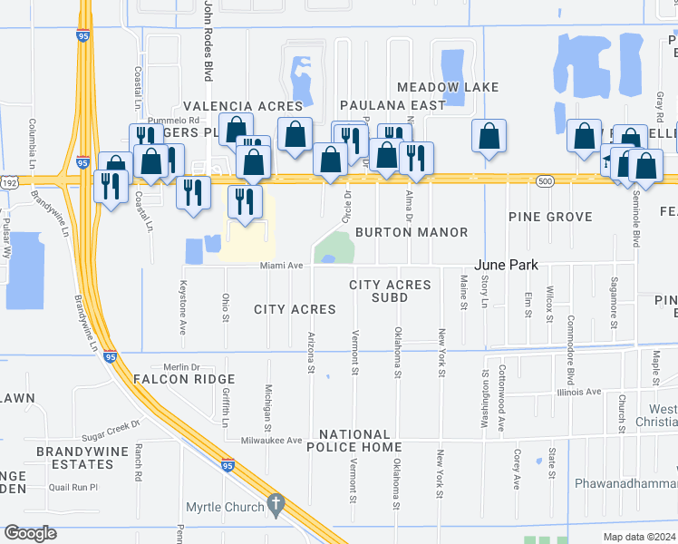 map of restaurants, bars, coffee shops, grocery stores, and more near 4135 Miami Avenue in Melbourne