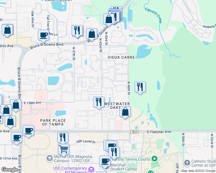 map of restaurants, bars, coffee shops, grocery stores, and more near 4209 Winding Moss Trail in Tampa