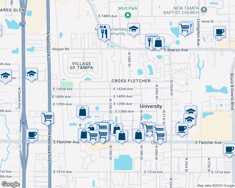 map of restaurants, bars, coffee shops, grocery stores, and more near 1509 East 142nd Avenue in Tampa