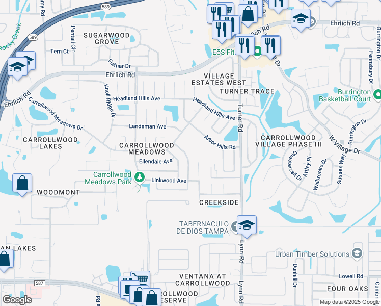 map of restaurants, bars, coffee shops, grocery stores, and more near 13925 Pathfinder Drive in Tampa