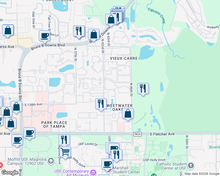 map of restaurants, bars, coffee shops, grocery stores, and more near 14201 Shadow Moss Lane in Tampa