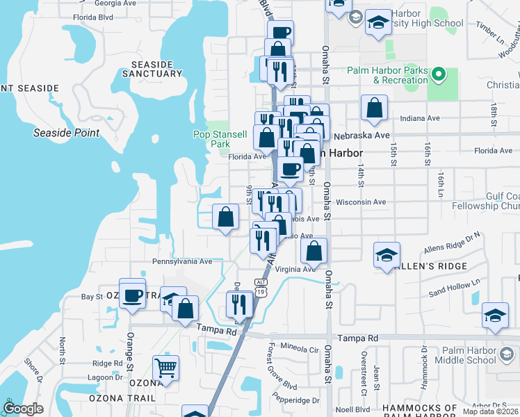 map of restaurants, bars, coffee shops, grocery stores, and more near 921 Wisconsin Avenue in Palm Harbor