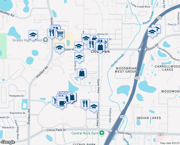 map of restaurants, bars, coffee shops, grocery stores, and more near 7506 Gunn Highway in Tampa