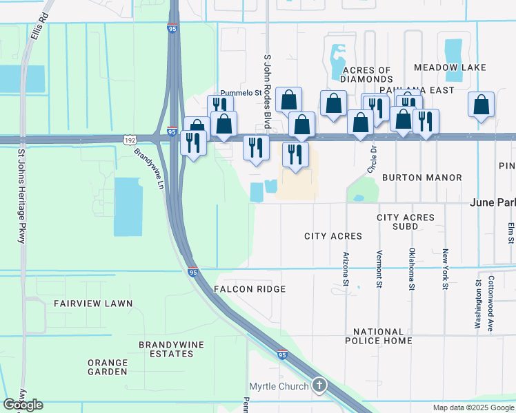 map of restaurants, bars, coffee shops, grocery stores, and more near 8155 Keystone Avenue in Melbourne