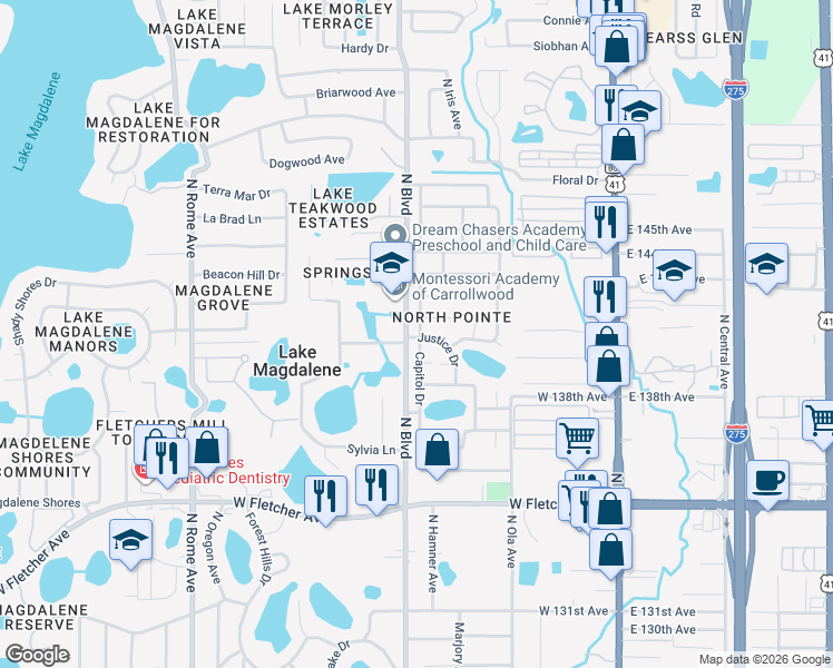 map of restaurants, bars, coffee shops, grocery stores, and more near 14006 Capitol Drive in Tampa