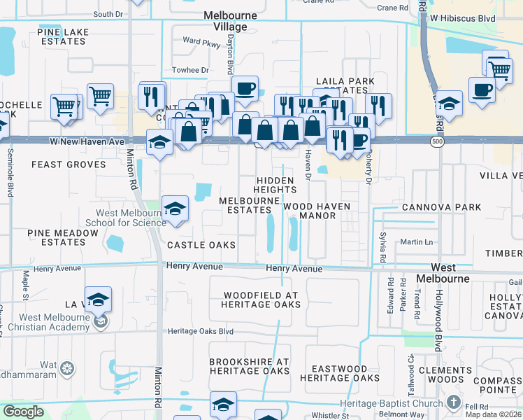 map of restaurants, bars, coffee shops, grocery stores, and more near 242 Secret Drive in West Melbourne