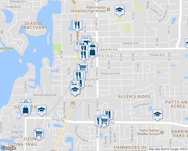 map of restaurants, bars, coffee shops, grocery stores, and more near 1242 Wisconsin Avenue in Palm Harbor