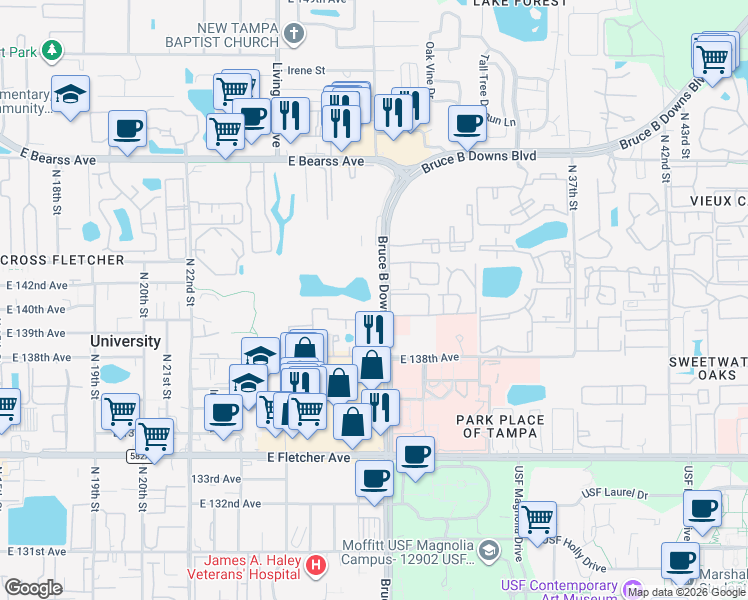 map of restaurants, bars, coffee shops, grocery stores, and more near 14096 Bruce B Downs Boulevard in Tampa