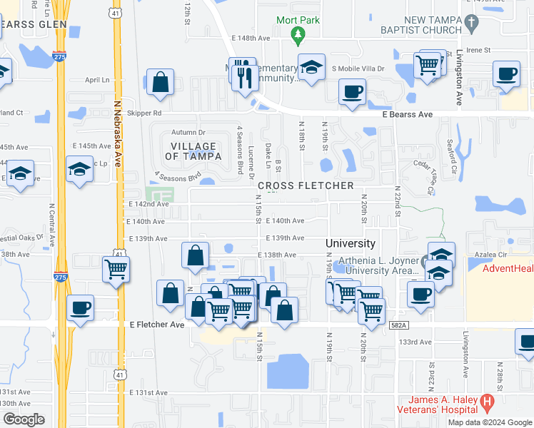 map of restaurants, bars, coffee shops, grocery stores, and more near 14004 North 15th Street in Tampa