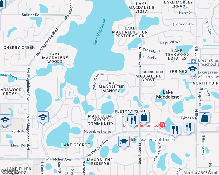 map of restaurants, bars, coffee shops, grocery stores, and more near 13905 Oberlin Manor Way in Tampa