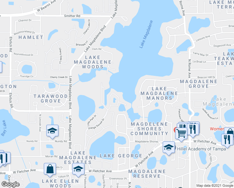 map of restaurants, bars, coffee shops, grocery stores, and more near 13724 Orange Sunset Drive in Tampa