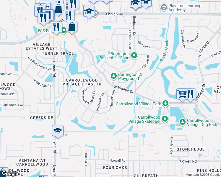 map of restaurants, bars, coffee shops, grocery stores, and more near 13729 Walbrooke Drive in Tampa