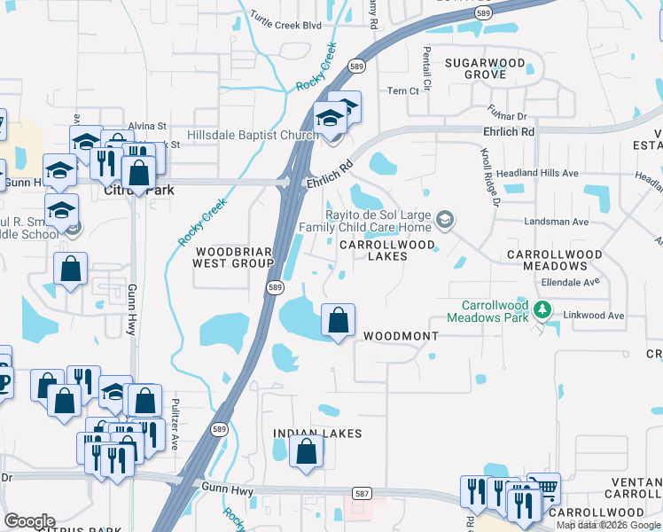 map of restaurants, bars, coffee shops, grocery stores, and more near 14002 Fullerton Drive in Tampa
