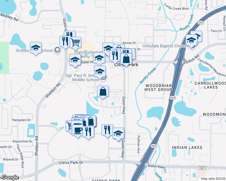 map of restaurants, bars, coffee shops, grocery stores, and more near 7506 Gunn Highway in Tampa