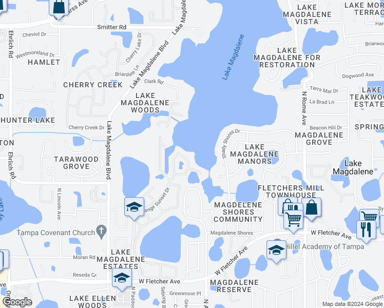 map of restaurants, bars, coffee shops, grocery stores, and more near 13814 Orange Sunset Drive in Tampa