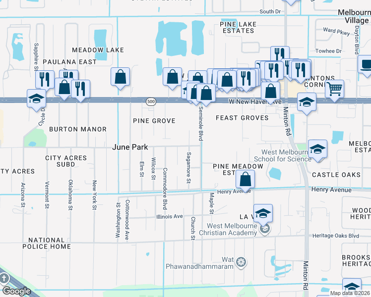 map of restaurants, bars, coffee shops, grocery stores, and more near 3550 Miami Avenue in Melbourne