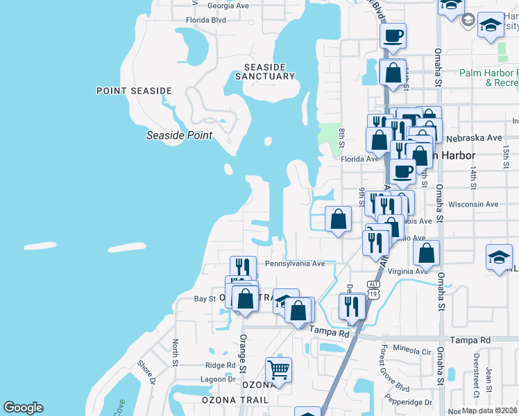 map of restaurants, bars, coffee shops, grocery stores, and more near 406 Orchid Lane in Palm Harbor
