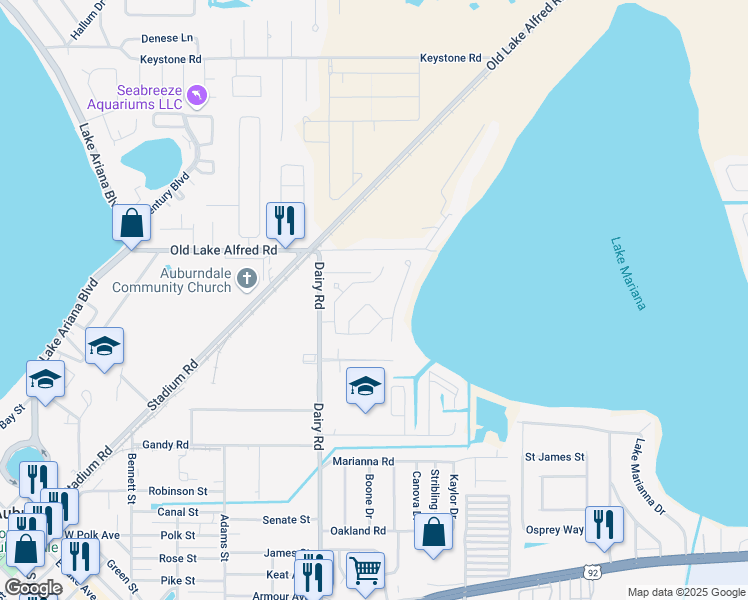 map of restaurants, bars, coffee shops, grocery stores, and more near 344 Lake Mariana Way in Auburndale