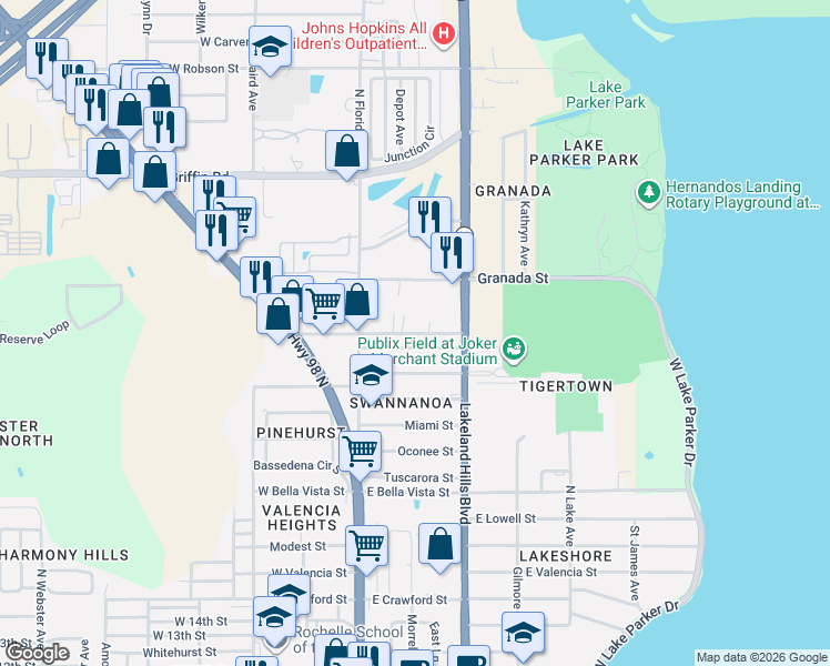 map of restaurants, bars, coffee shops, grocery stores, and more near 232 Antilla Street in Lakeland