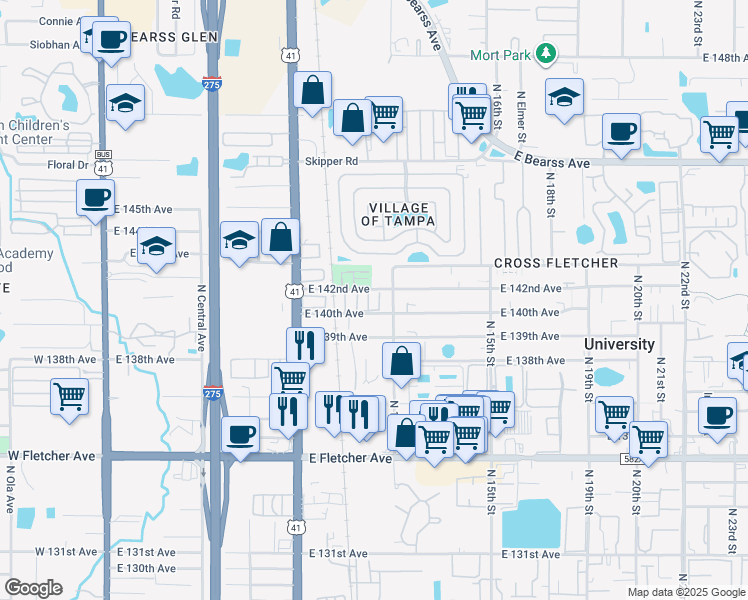 map of restaurants, bars, coffee shops, grocery stores, and more near 14007 Sandy Court in Tampa