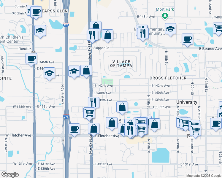 map of restaurants, bars, coffee shops, grocery stores, and more near 17a East 142nd Avenue in Tampa