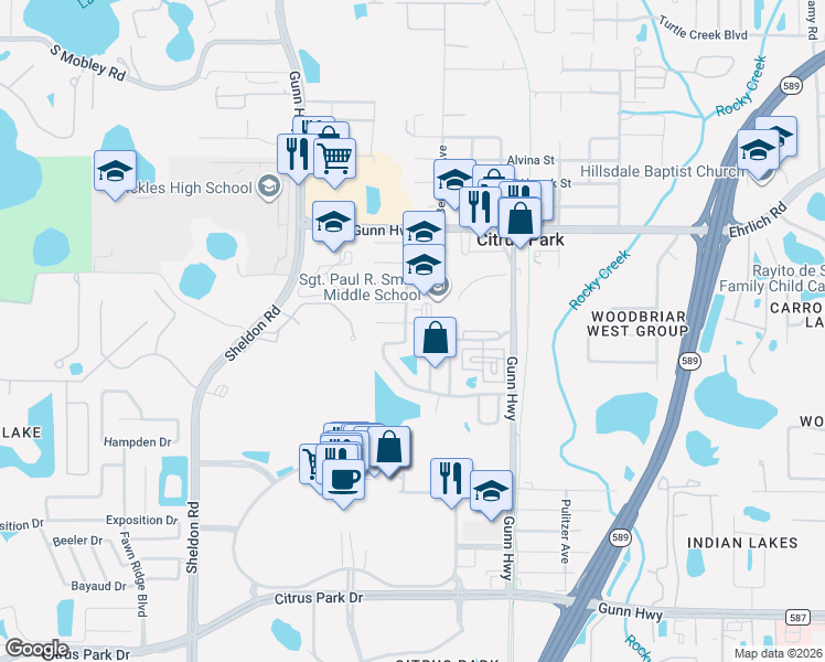 map of restaurants, bars, coffee shops, grocery stores, and more near 7627 Tamarind Avenue in Tampa