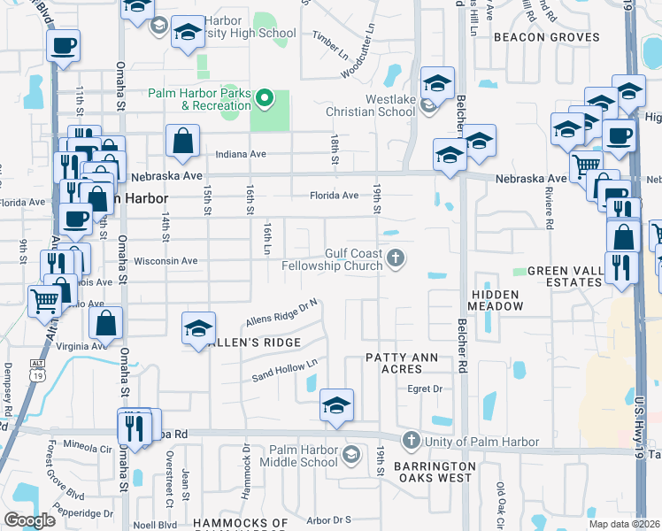map of restaurants, bars, coffee shops, grocery stores, and more near 1843 Wisconsin Avenue in Palm Harbor