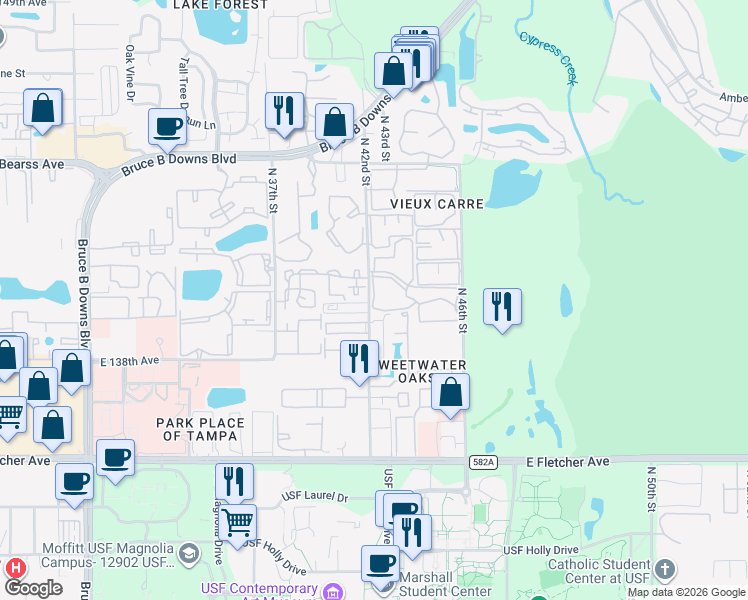 map of restaurants, bars, coffee shops, grocery stores, and more near 14203 Shiloh Woods Court in Tampa