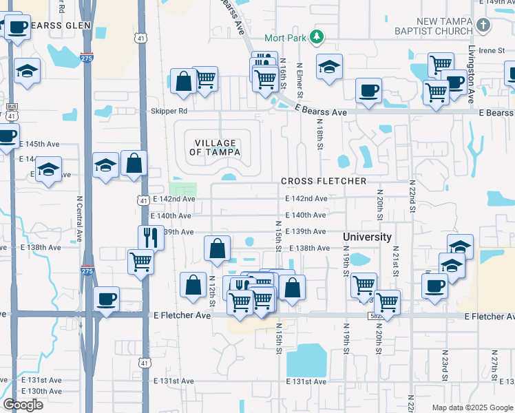 map of restaurants, bars, coffee shops, grocery stores, and more near 1225 East 142nd Avenue in Tampa