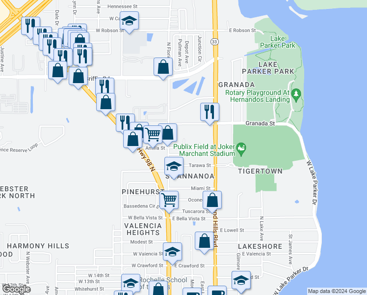 map of restaurants, bars, coffee shops, grocery stores, and more near 144 Antilla Street in Lakeland