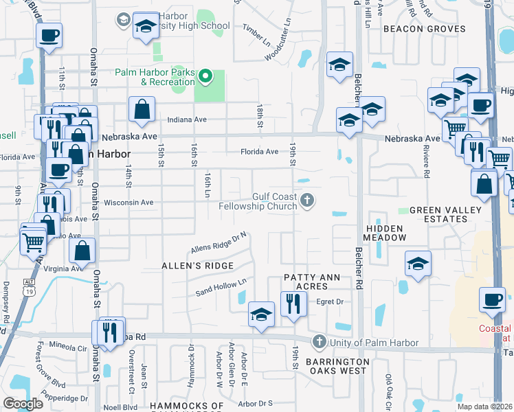 map of restaurants, bars, coffee shops, grocery stores, and more near 1843 Wisconsin Avenue in Palm Harbor
