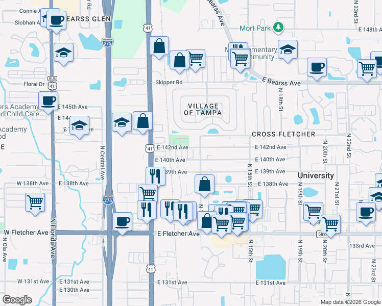 map of restaurants, bars, coffee shops, grocery stores, and more near 14007 Sandy Court in Tampa
