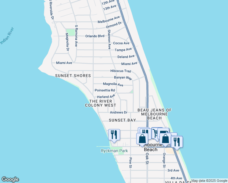 map of restaurants, bars, coffee shops, grocery stores, and more near 501 Poinsettia Road in Melbourne Beach