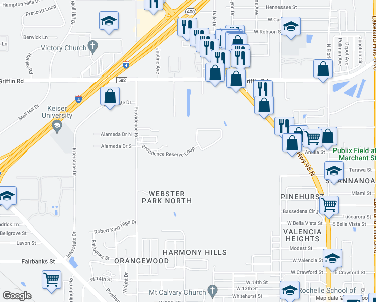 map of restaurants, bars, coffee shops, grocery stores, and more near Providence Reserve Loop in Lakeland