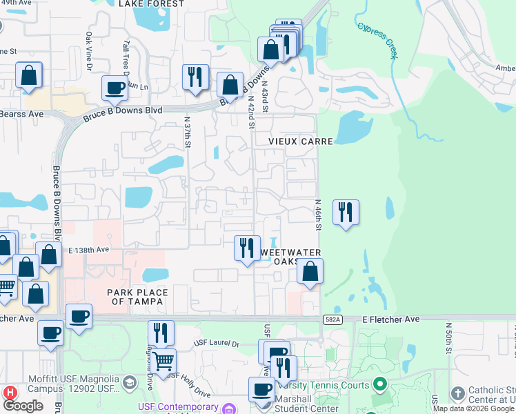 map of restaurants, bars, coffee shops, grocery stores, and more near 14227 Shadow Moss Lane in Tampa