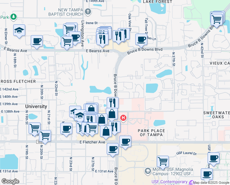 map of restaurants, bars, coffee shops, grocery stores, and more near 14096 Bruce B Downs Boulevard in Tampa
