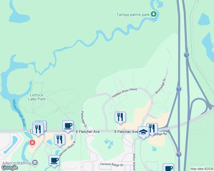 map of restaurants, bars, coffee shops, grocery stores, and more near 8500 Hidden River Parkway in Tampa