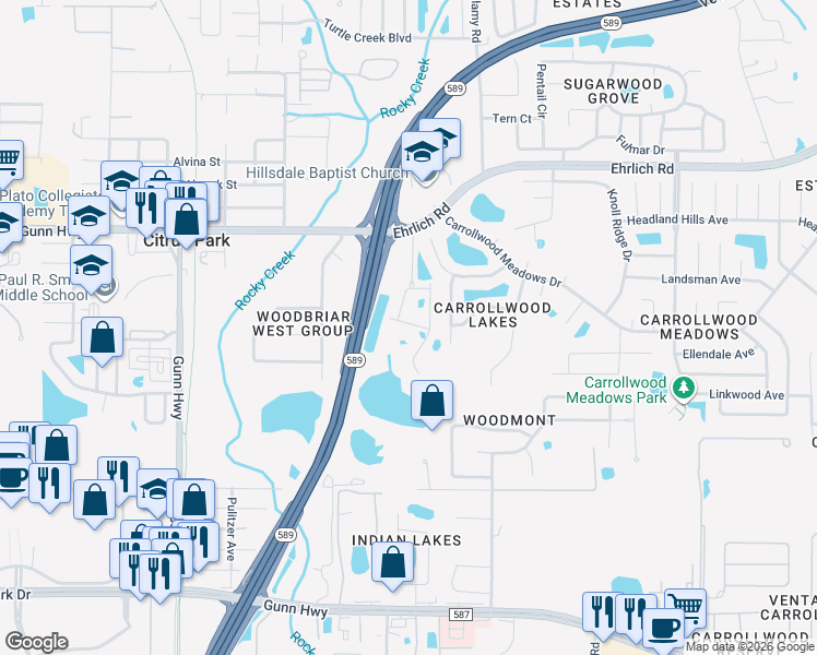 map of restaurants, bars, coffee shops, grocery stores, and more near 14302 Tom Fuller Road in Tampa