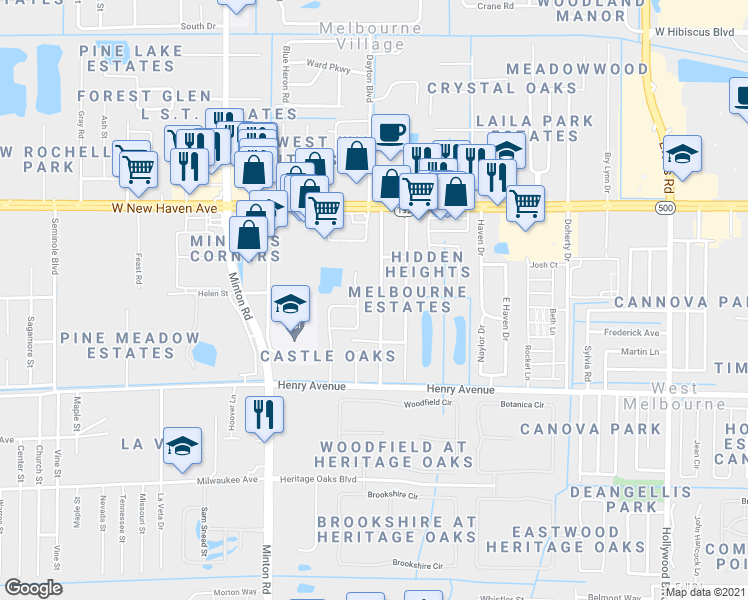 map of restaurants, bars, coffee shops, grocery stores, and more near 205 Bossieux Boulevard in Melbourne
