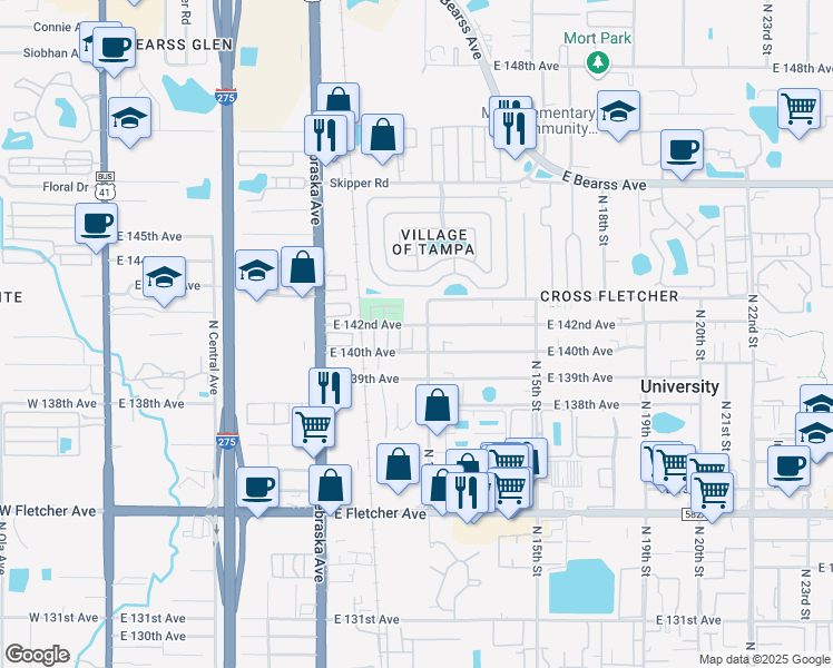 map of restaurants, bars, coffee shops, grocery stores, and more near 14007 Sandy Court in Tampa