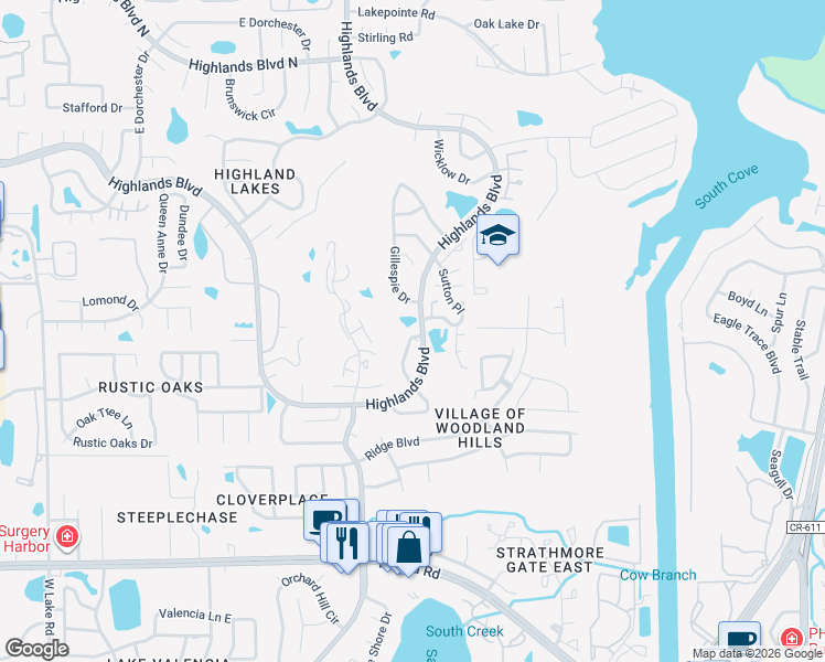 map of restaurants, bars, coffee shops, grocery stores, and more near 865 Maclaren Drive North in Palm Harbor