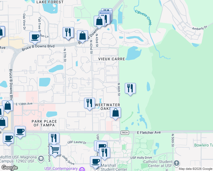 map of restaurants, bars, coffee shops, grocery stores, and more near 4411 Shady Terrace Lane in Tampa
