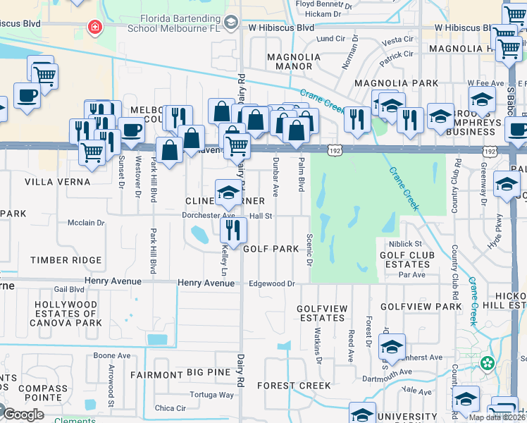 map of restaurants, bars, coffee shops, grocery stores, and more near 904 Hall Street in Melbourne