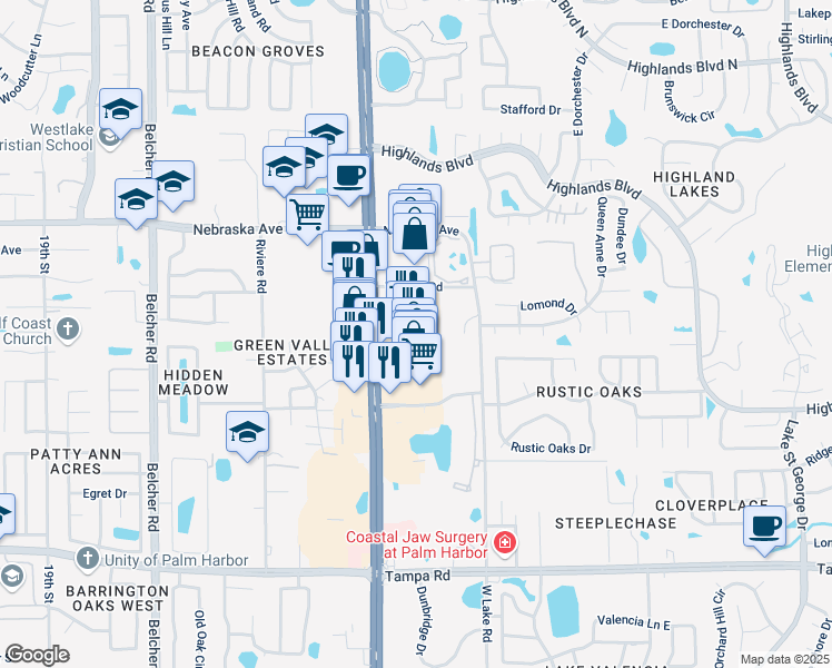 map of restaurants, bars, coffee shops, grocery stores, and more near 33385 US Highway 19 North in Palm Harbor
