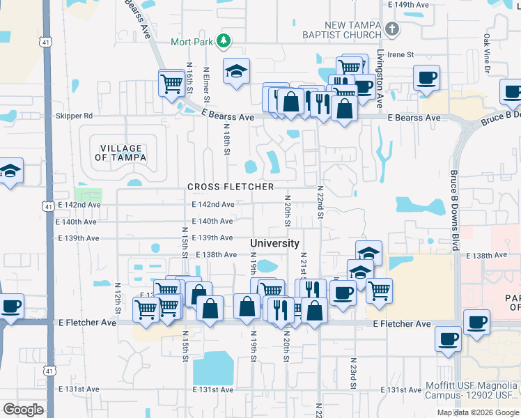 map of restaurants, bars, coffee shops, grocery stores, and more near 1909 East 142nd Avenue in Tampa