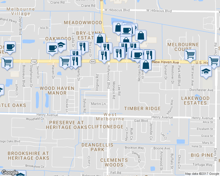 map of restaurants, bars, coffee shops, grocery stores, and more near 172 Hollywood Boulevard in Melbourne