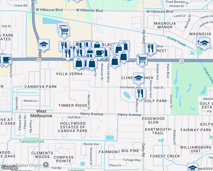 map of restaurants, bars, coffee shops, grocery stores, and more near 179 Park Hill Boulevard in West Melbourne