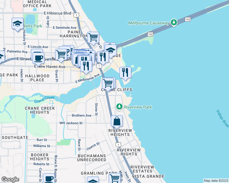 map of restaurants, bars, coffee shops, grocery stores, and more near 1207 East River Drive in Melbourne